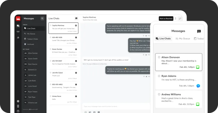 Mindbody product image showing its shared communication inbox on desktop and mobile.