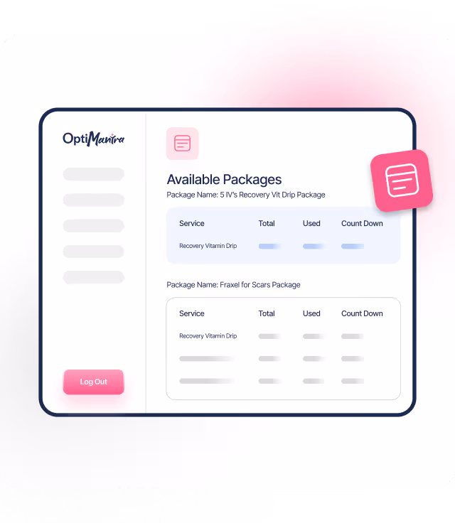 OptiMantra product image showing available packages and tracking of used and remaining sessions.