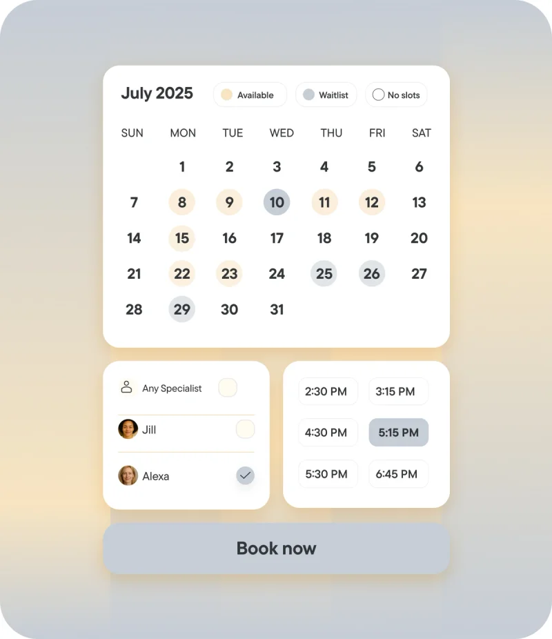 Zenoti product image showing appointment dates, specialist selection, and available booking times.